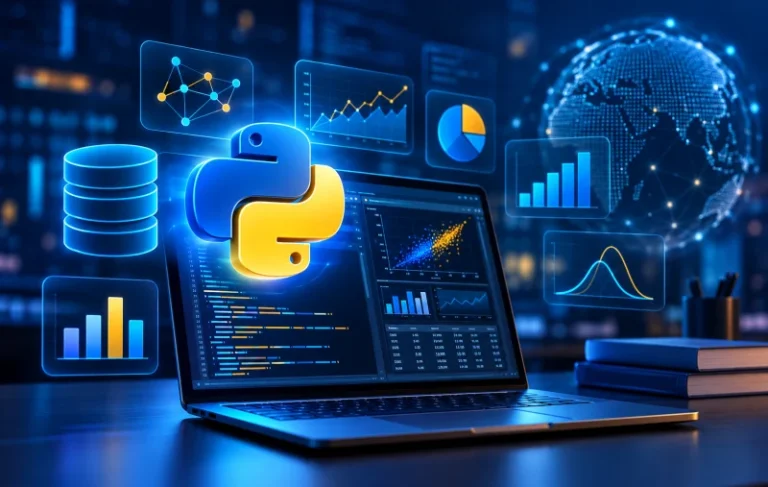 Laptop with Python data science charts