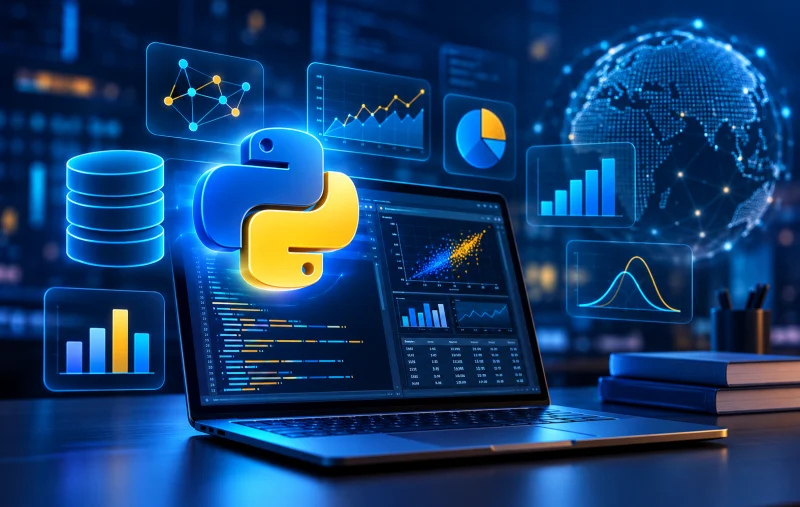 Laptop with Python data science charts
