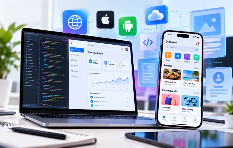 Custom web and mobile app shown on laptop and phone