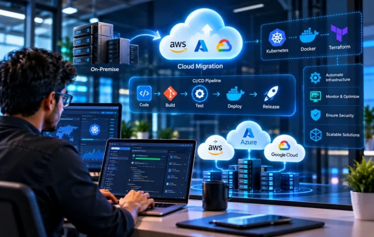 Engineer planning a cloud migration and DevOps pipeline