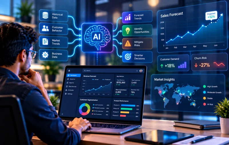 Analyst reviewing predictive analytics dashboards