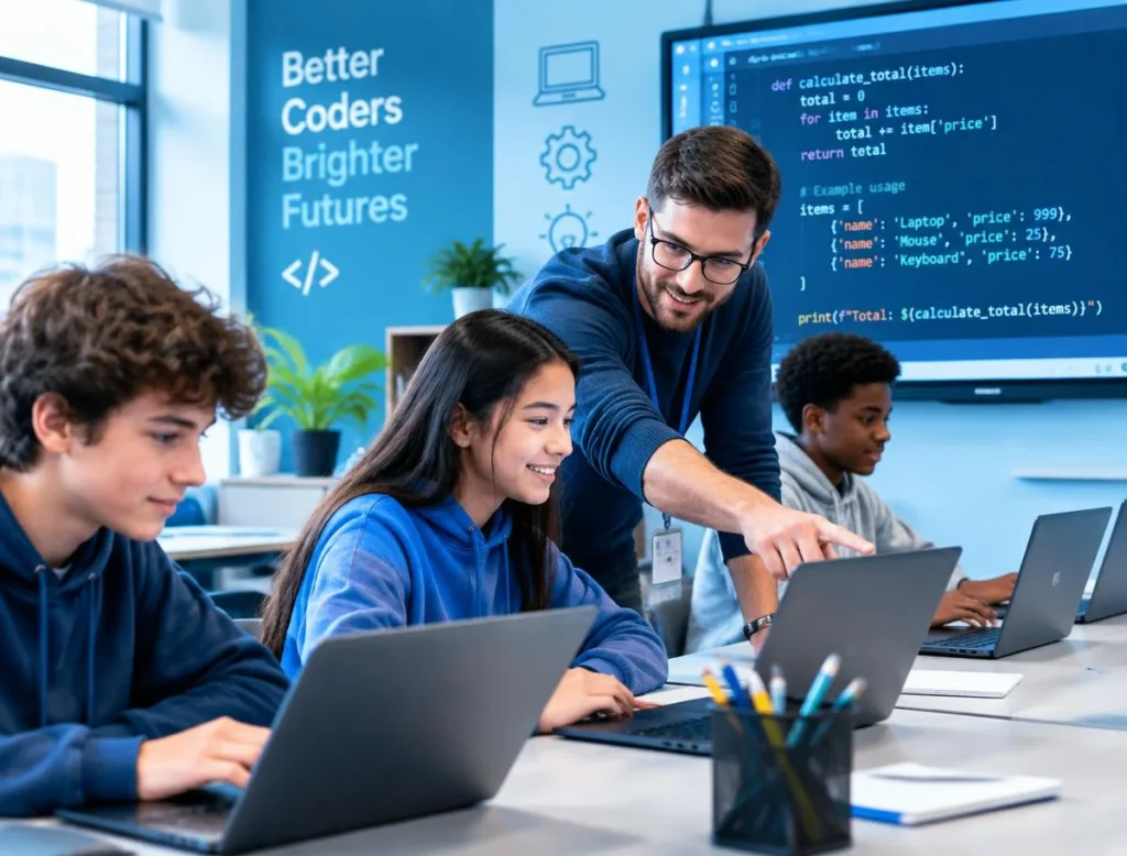 Instructor guiding students through a coding project